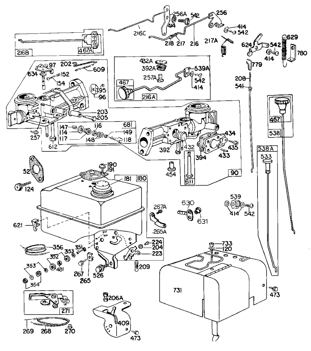 Carburetor,fuel Parts,controls Diagram and Parts List for 100202-0203-XX  Briggs and Stratton Engine